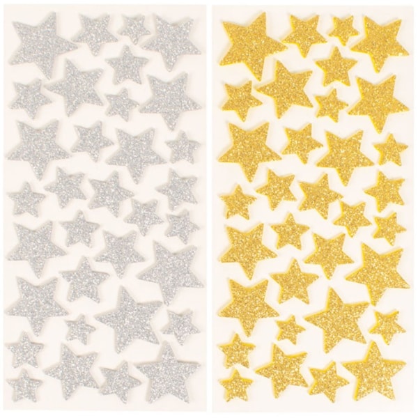 Klisterm&auml;rken Stj&auml;rnor glittriga Guld & Silver 15-34mm 132st Playbox