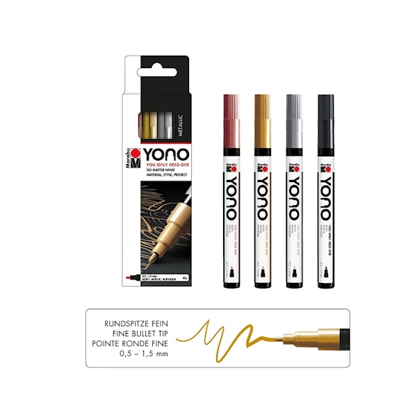 Markerpenna YONO, Metallic Set med 4 markers 0.5-1.5 mm