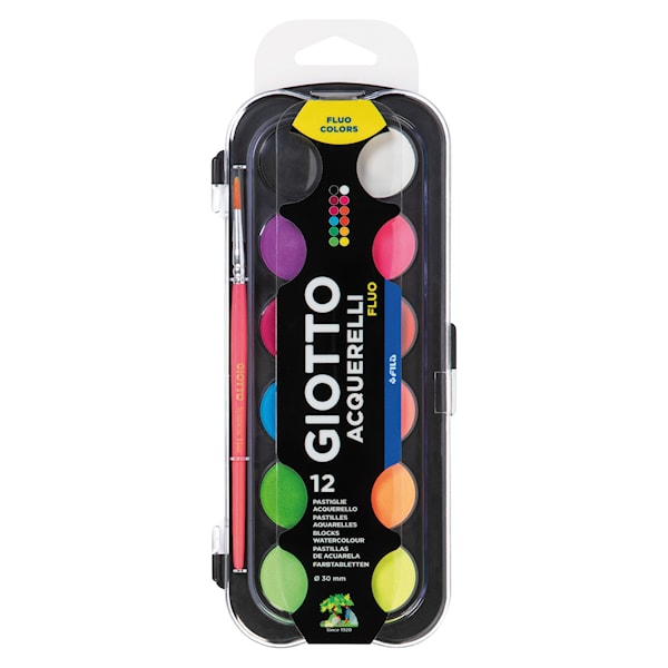 Akvarellfarge 12 fluorescerende farger med pensel Giotto