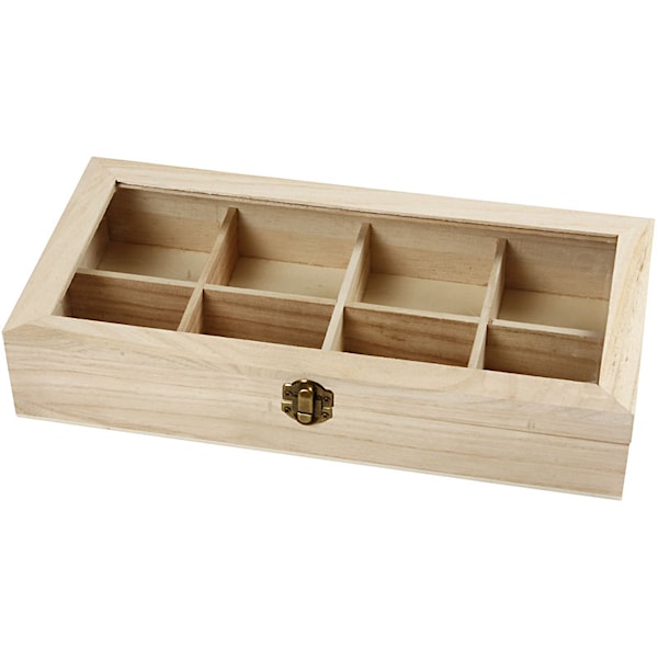 Eske med glasslokk, str. 32x16x6 cm, hullstr. 7x7 cm, keisertre, 1stk.