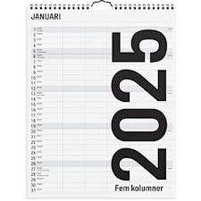 Familjekalender 2025 Black and White 5 kolumner Burde