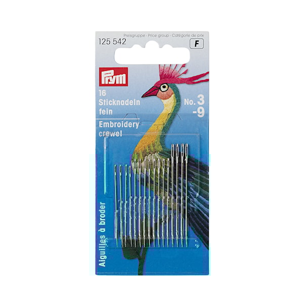 Brodernåler nr. 3–9, sort. 16 stk. Prym