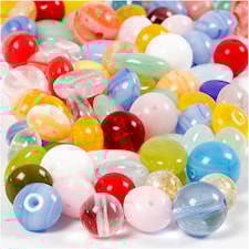 Glaspärlor, rund, oval, rund/platt, Dia. 6-13 mm, Hålstl. 0,5-1,5 mm, mixade färger, 60 g/ 1 förp.