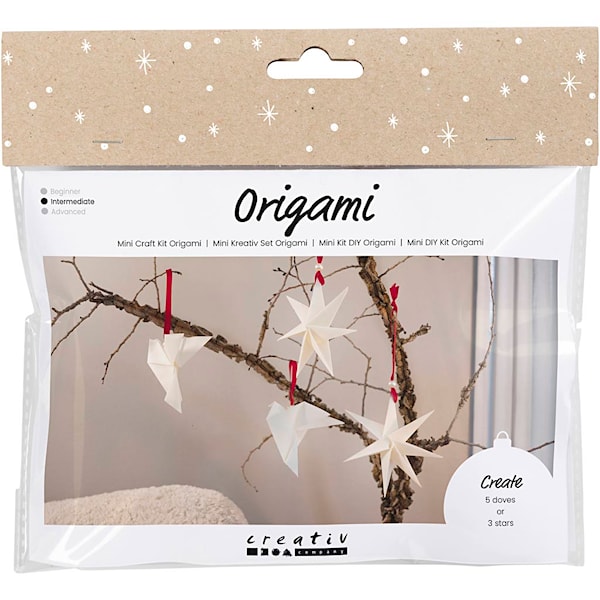 Mini DIY Kit origami, Duer/stjerner, mørk rød, råhvit, 1 pk.