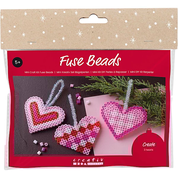 Mini DIY Kit Rørperler, Julehjerter, pink, lys pink, primær rød, hvit, 1 pk.