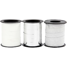 Presentsnören, B: 10 mm, silver, silverglitter, vit, 3x15 m/ 1 förp.