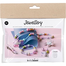 Askartelusetti Mini Korut, Kaulakoru, rannekoru, klipsit, rintakoru, sininen, vaaleansininen, pastellinpinkki, 1 pkk/ 1 pkt