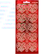Stickers, hjärtan, ark 10x23 cm, guld, transparent röd, 1 ark