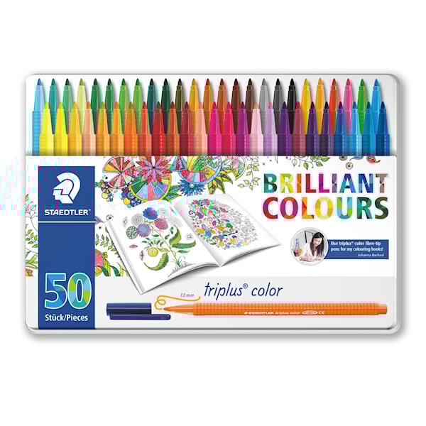 Triplus® color 50-pack i metallask Staedtler 1 mm fiberspets Johanna Basford motiv