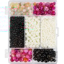 Askartelupaketti Korut, Akaatit, koko 2,6-10 mm, aukon koko 0,8-1,8 mm, ca. 2740 kpl, beige, musta, pinkki, helmiäisvalk., 1 pkk/ 1 pkt