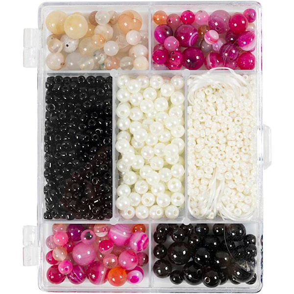 Creativ - DIY Mix Smykker, Agater, str. 2,6-10 mm, hullstr. 0,8-1,8 mm, beige, svart, pink, hvit perlemor, 1 pk. - ()