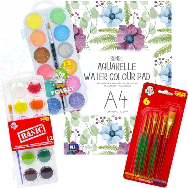 M&aring;larset Akvarell f&ouml;r barn - F&auml;rger, Penslar och Papper, Sense