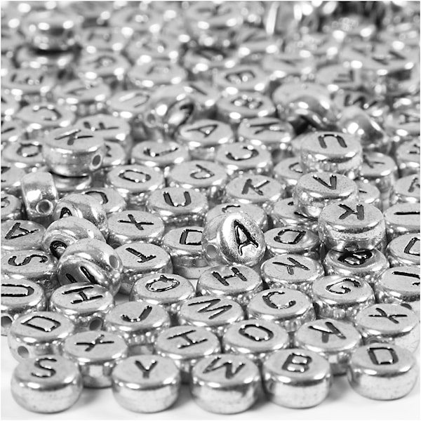 Bokstavperler, dia. 7 mm, hullstr. 1,2 mm, sølv, 21 g/ 1 pk.