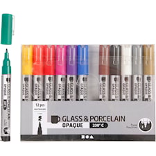 Glass- og porselenstusj, strek 1-2 mm, semi opaque, ass. farger, 12 stk./ 1 pk.