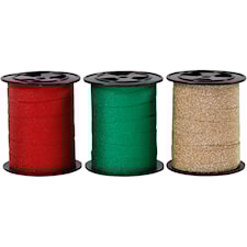 Gavebånd, B: 10 mm, grønn, gull, rød, glitter, 3x15m