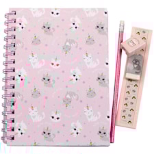 Anteckningsbok Cute Cat med penna, suddigumm vässare och linjal 5 delar