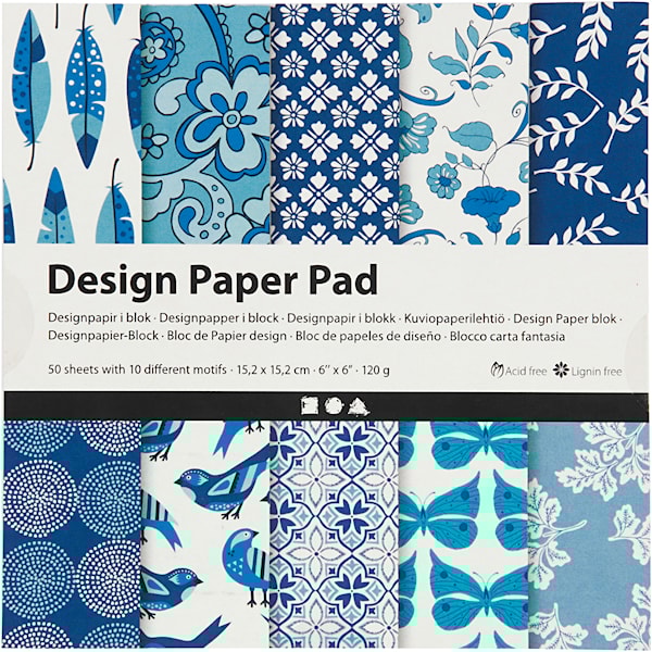 Designpapir i blokk, ark 15,2x15,2 cm, 120 g, blå, 50 ark/ 1 pk.