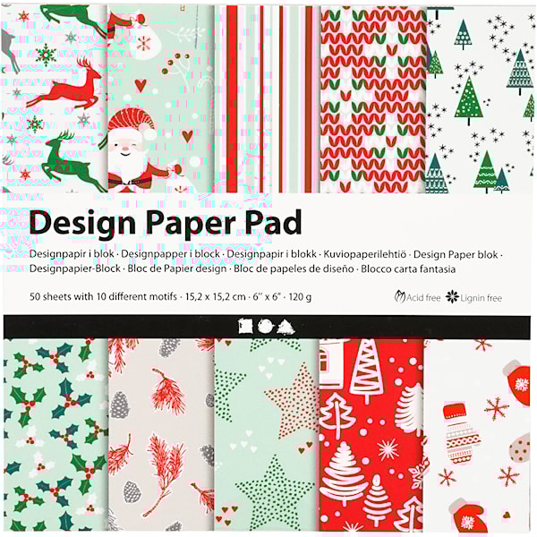 Designpapir i blokk, ark 15,2x15,2 cm, 120 g, grønn, rød, hvit, 50 ark/ 1 pk.