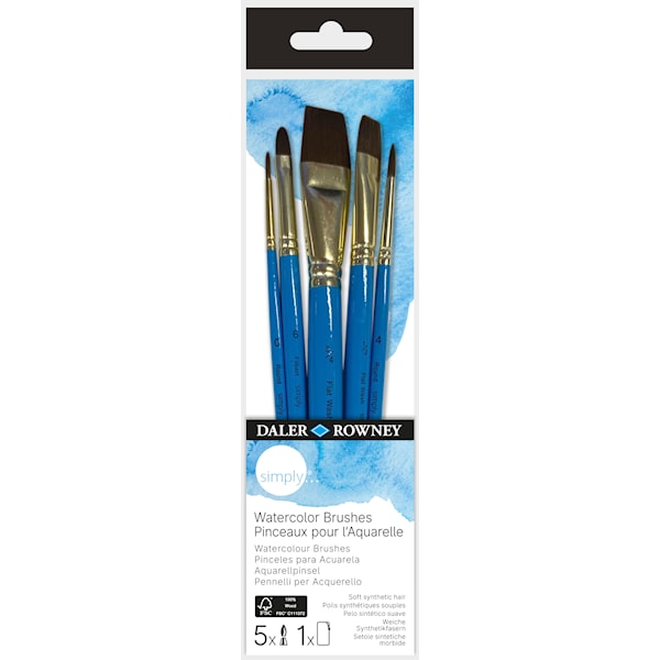 Simply Akvarellpenselsett 5 stk Kortskaftede Pensler Daler-Rowney