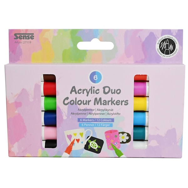 Akrylpenn Dobbelspiss 12 farger 6-pack Sense