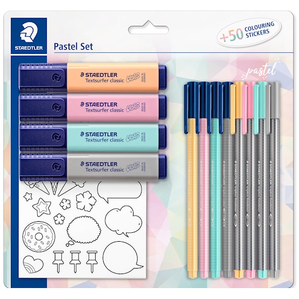 Staedtler Pastel set with 4 textsurfer classic 4 Triplus fineliners 4 Triplus color markers and stickers for coloring