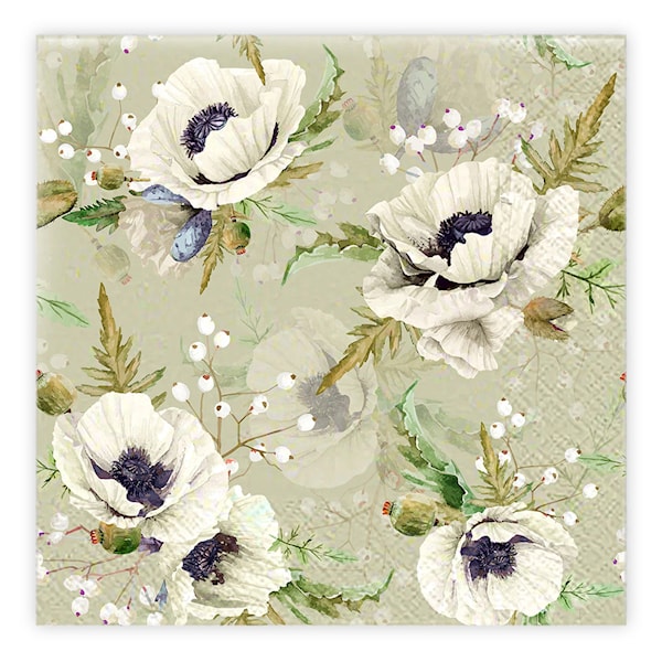 Kaffeserviett 20p Blomster hvite Ivars i Lanna