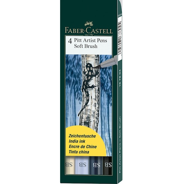 Soft Brush Pen Pitt Artist Etui 4 st Gråtoner Faber-Castell